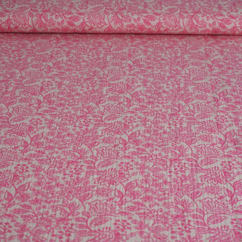 Preview: Musselin Double Gauze Blüten pink auf ecru